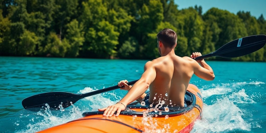 Kayaker paddling in blue water surrounded by green trees.