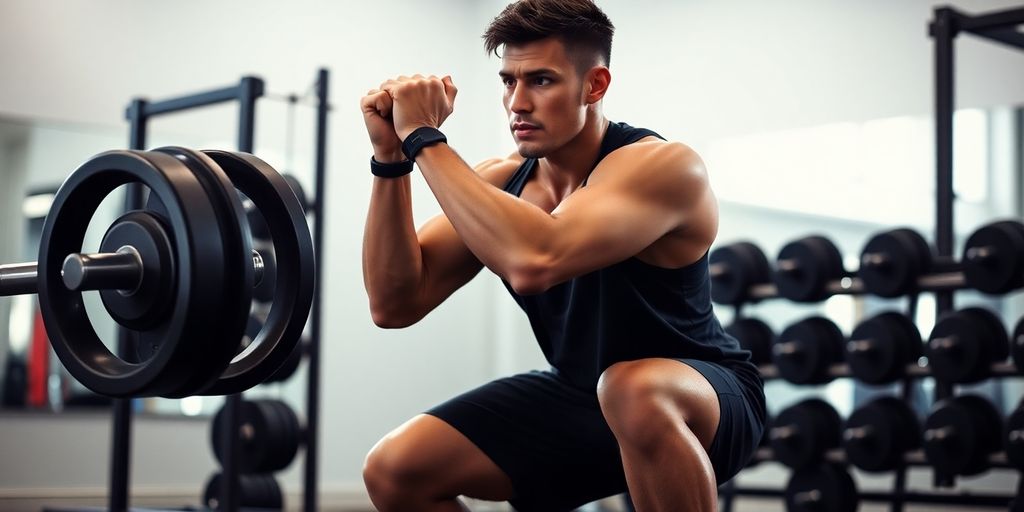 Athlete performing a squat in a gym setting.