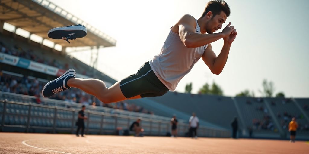 Athlete performing explosive jump on outdoor track.