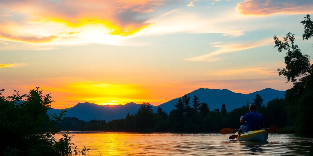 Kayaker fishing on a calm lake at sunset.