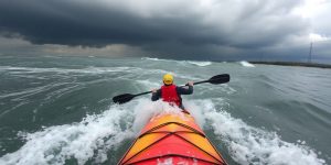 Kayaker in stormy waters under dark clouds.