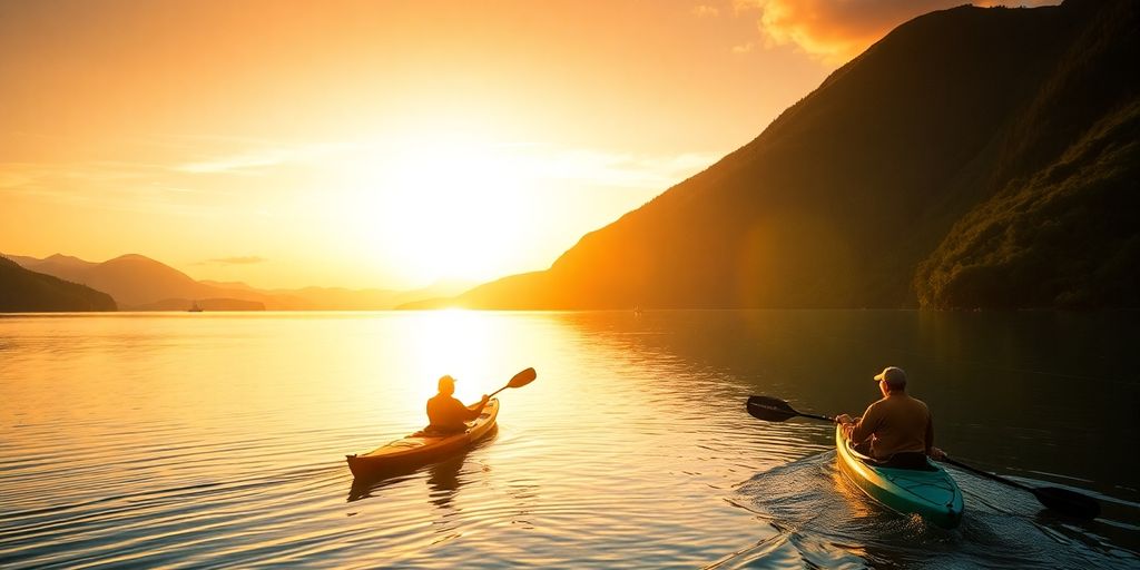 Kayakers fishing on a serene lake at sunset.