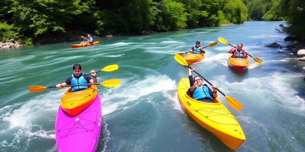 Kayakers practicing rolling techniques on a scenic river.