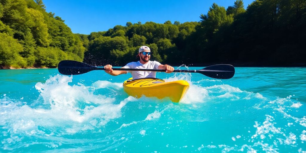 Kayaker in action on a vibrant blue waterway.