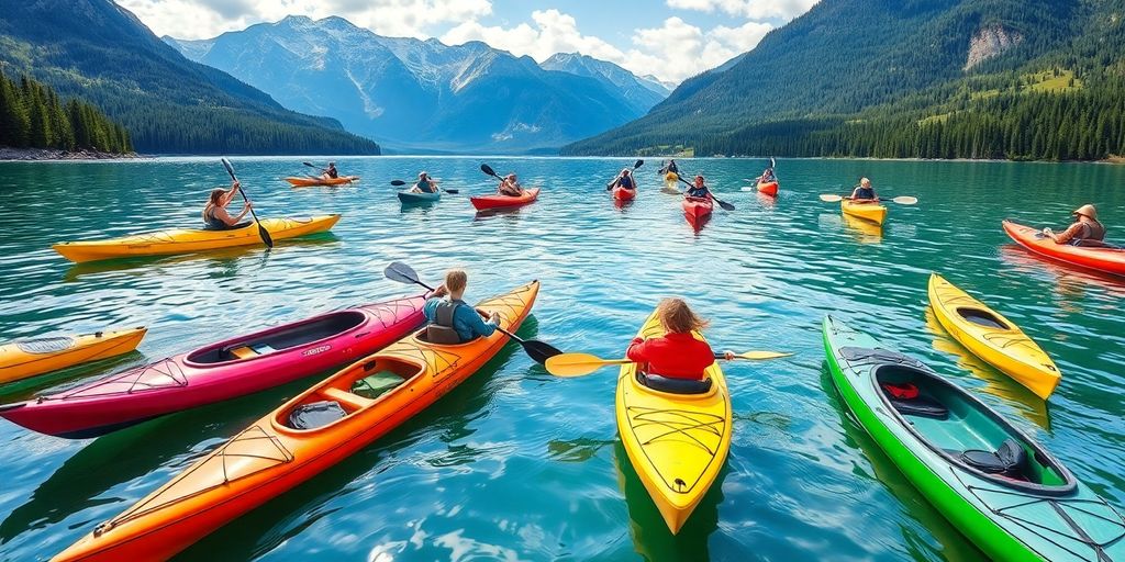 Colorful kayaks on water with paddlers and nature background.