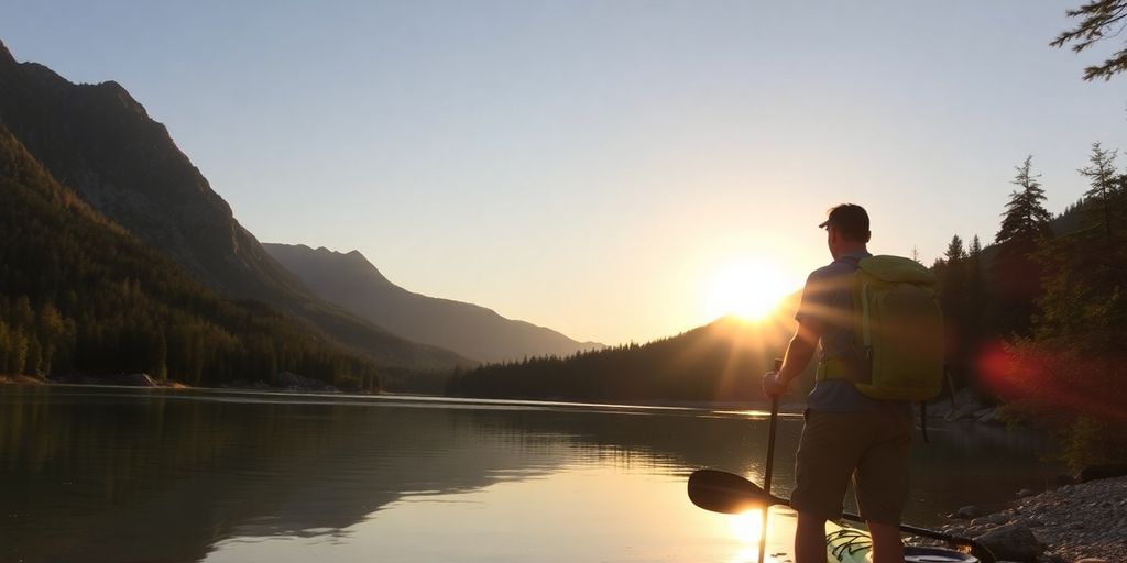 Hiker with kayak at sunset by a peaceful lake.