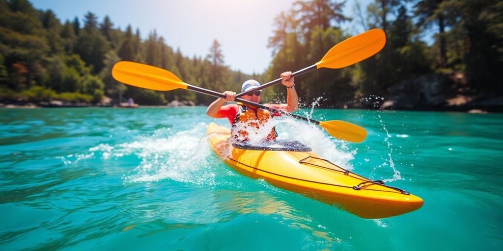 Kayaker rolling in bright kayak on clear water.