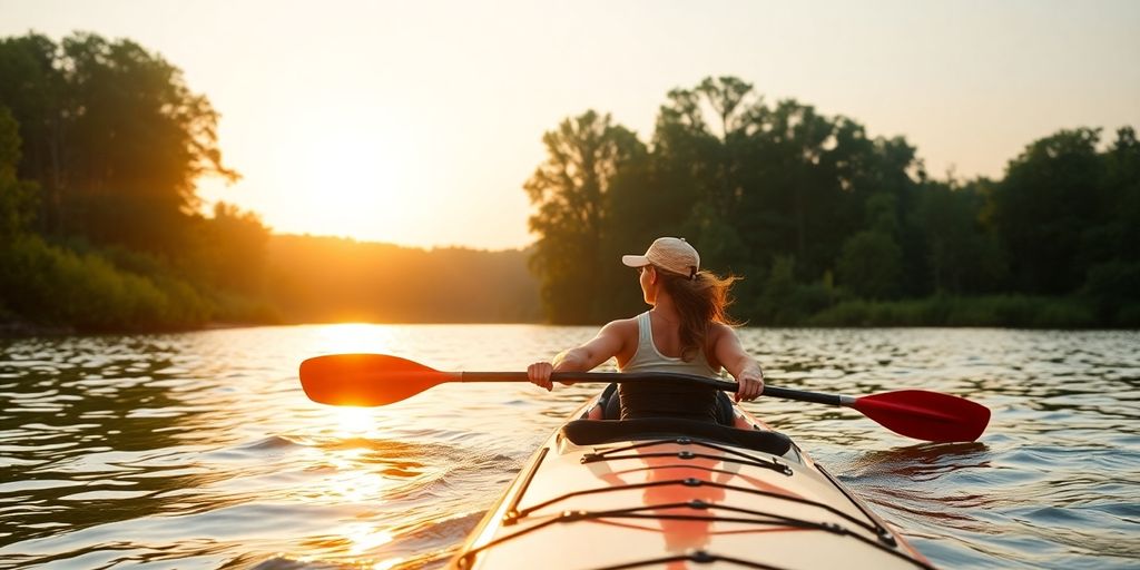 Person kayaking on a lake during sunset, promoting fitness.