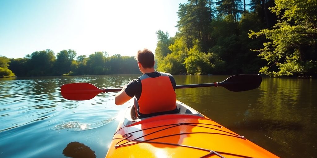 A kayaker paddling in serene waters surrounded by nature.