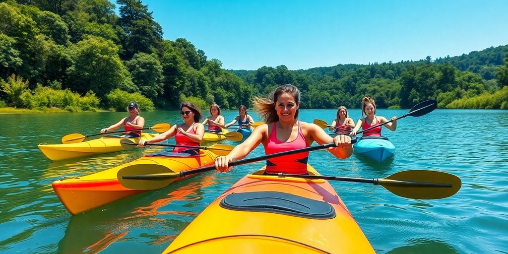 Diverse kayakers paddling on a sunny lake scene.