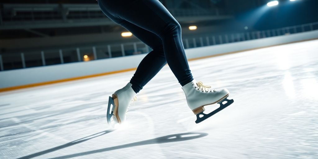 Skater in motion on an ice rink, showcasing speed.