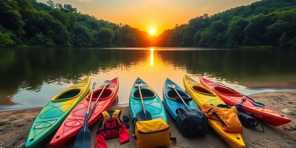 Colorful kayaks and gear by a serene lake.
