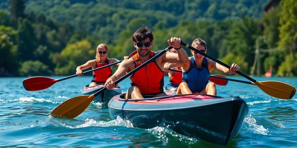 Paddlers using kayaks on a calm lake environment.