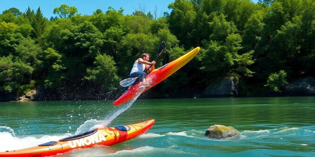 Kayaker performing a trick on a river, surrounded by nature.