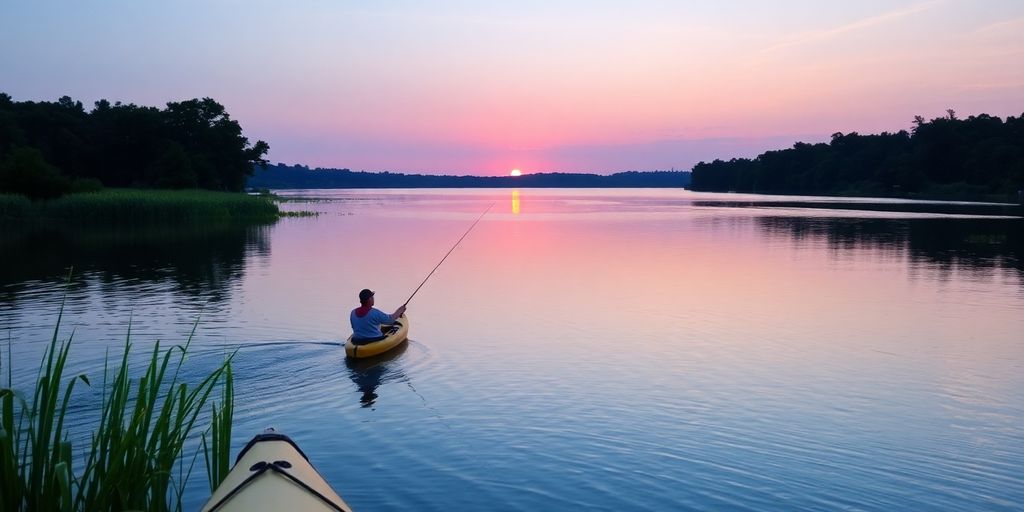 Kayaker fishing on a calm lake during sunset.
