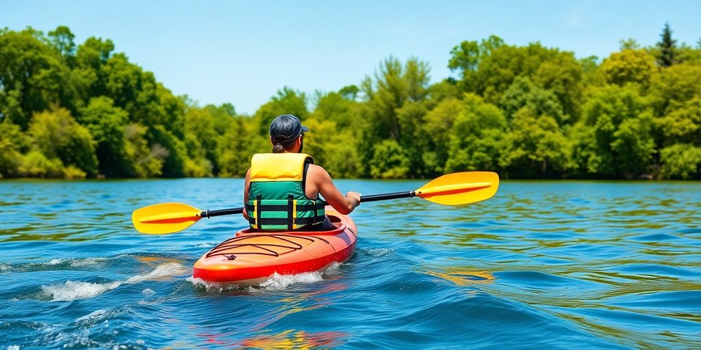 Beginner kayaker paddling on calm water with greenery.