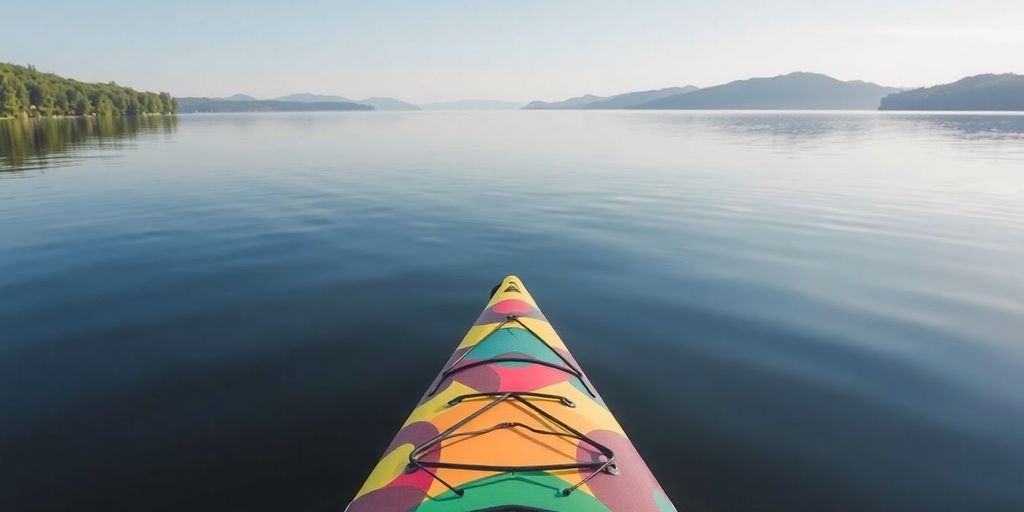 A vibrant kayak on a tranquil lake surrounded by nature.