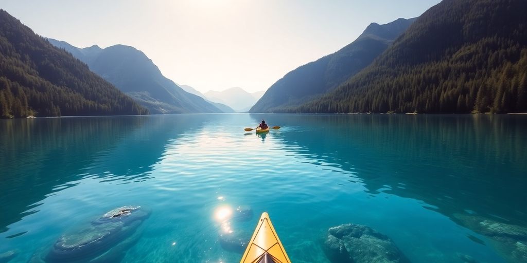 Kayaker paddles through clear water surrounded by mountains.