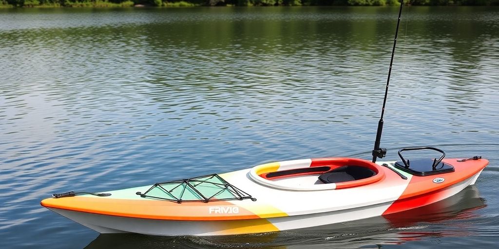Modern kayak with innovative upgrades on a serene lake.