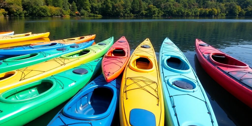 Colorful fishing kayaks on a tranquil lake.