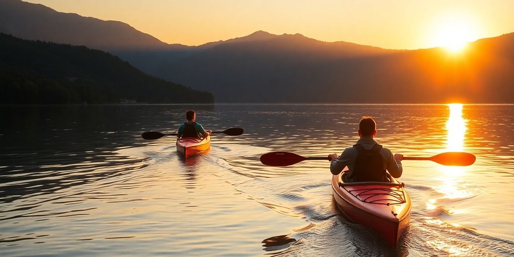 Two kayakers paddling on a calm lake at sunset.