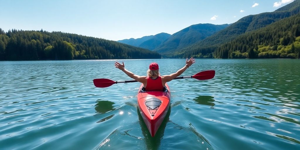 Person kayaking on calm water, serene landscape.