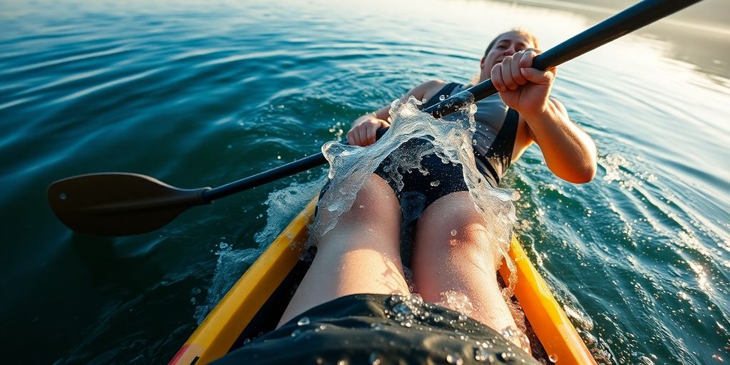 Kayaker paddling on a calm lake at sunrise.