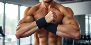 Person exercising with weighted arm bands.