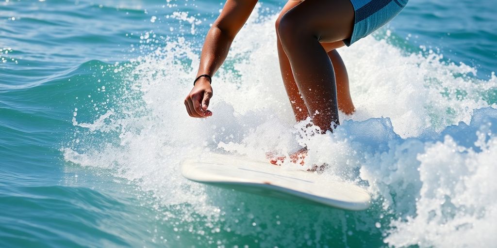 Surfer paddling powerfully on a wave.