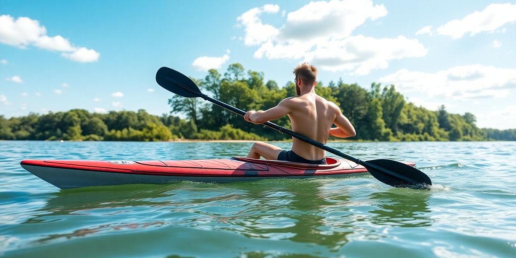Kayaker paddling intensely, strong muscles, calm water, scenic background.