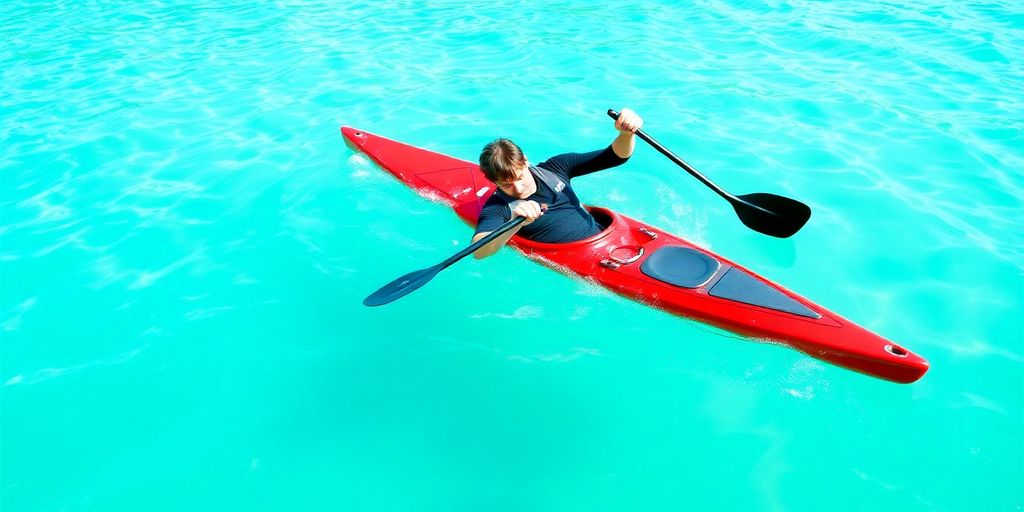Kayaker rolling a red boat in clear water.