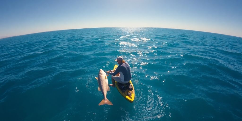 Kayak angler offshore, reeling in large fish.