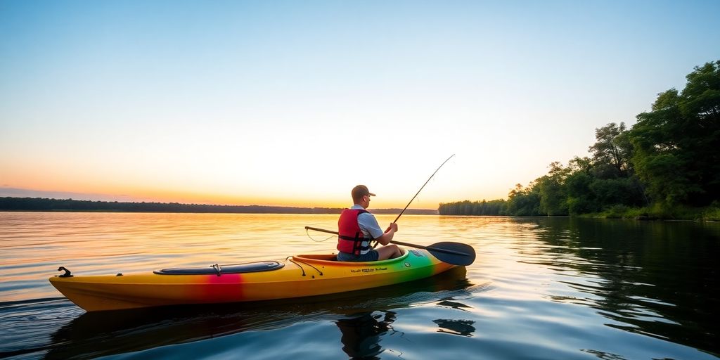 Kayaker fishing on calm water at sunset.