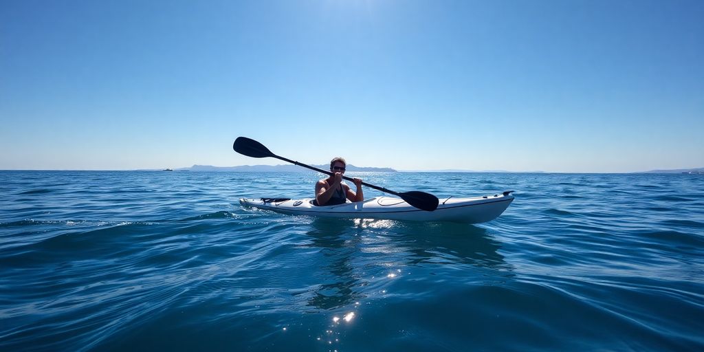 Kayaker rolling a sea kayak, ocean background.