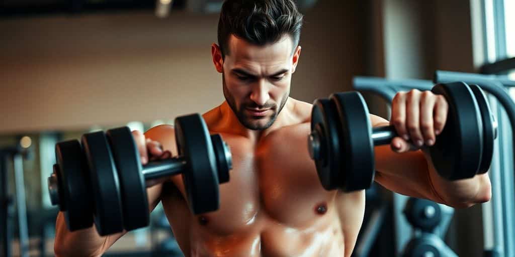Man lifting weights in gym, focused
