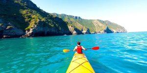 Kayaker paddles through clear California coastal waters.