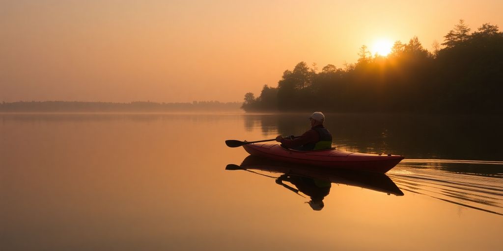 Kayaker paddling on a serene lake at sunrise.