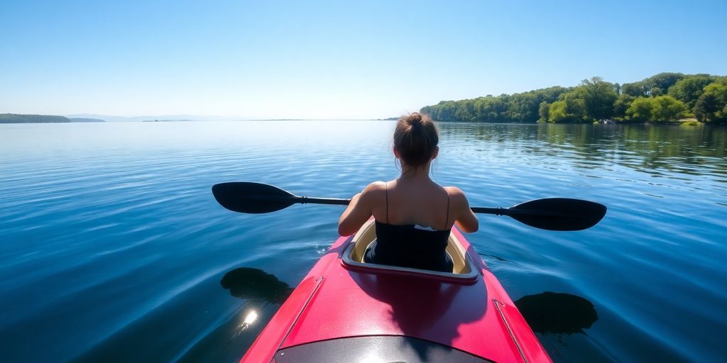 Kayaker on calm water, back muscles engaged.
