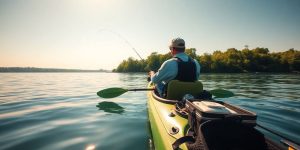 Kayak angler casts line into serene waters.