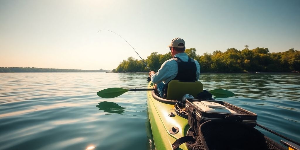 Kayak angler casts line into serene waters.