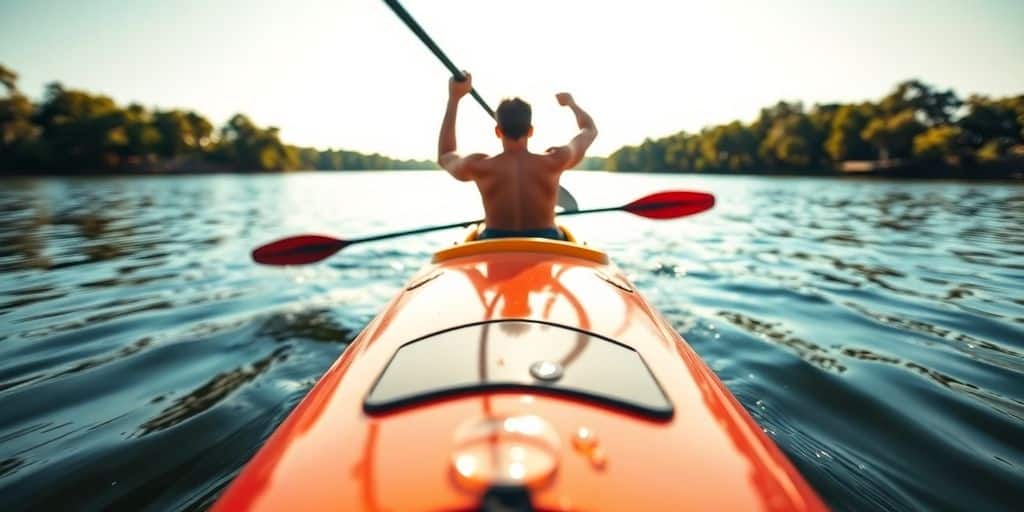 Kayaker paddling quickly on calm water.