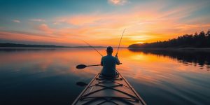 Kayaker fishing on a calm lake at sunrise.