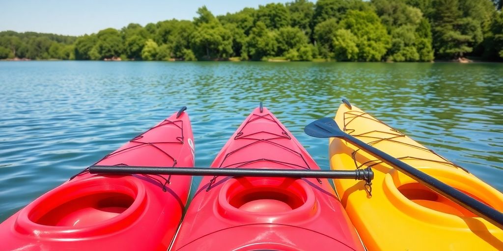 Kayaks on water, ready for adventure, sun shining.