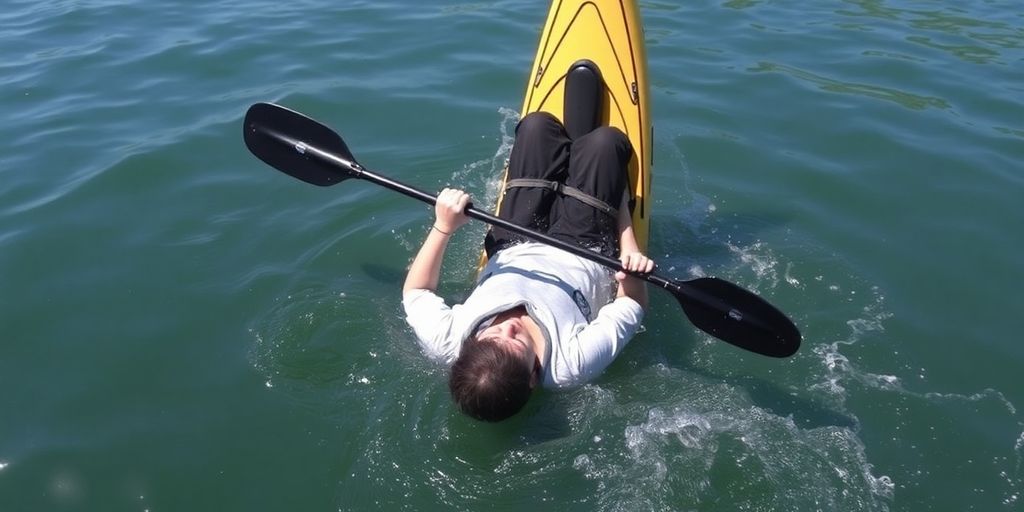 Kayaker upside down, rolling. Water splashes around boat.