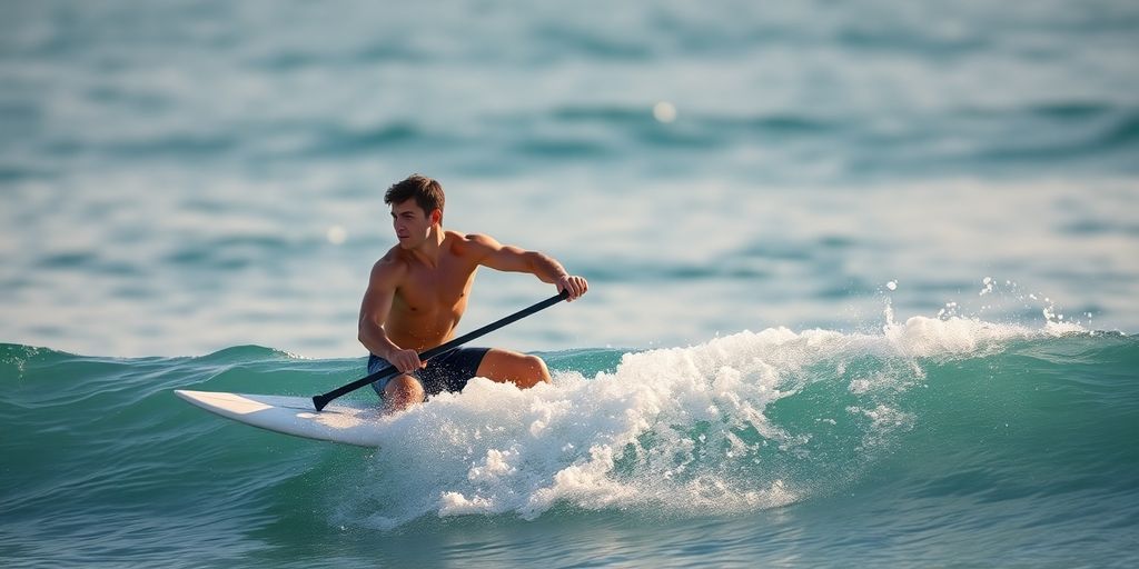 Surfer paddles powerfully on a wave.