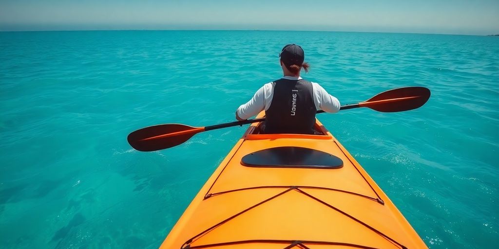 Kayaker paddling efficiently through calm blue water.