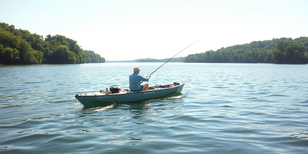 Angler casting line from kayak on calm water.