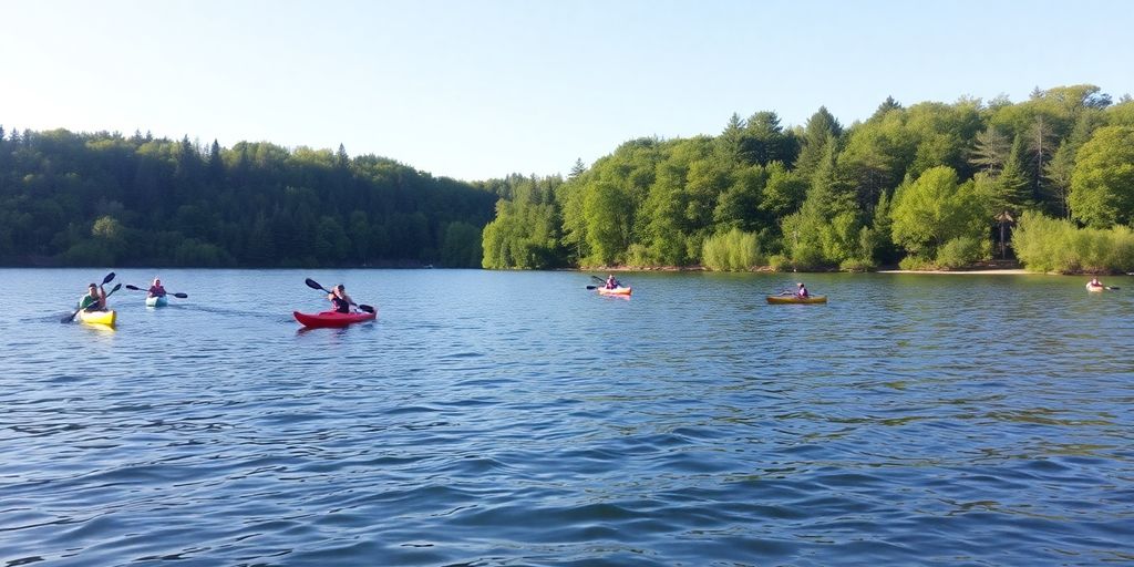 Kayakers paddling on a sunlit lake with trees.