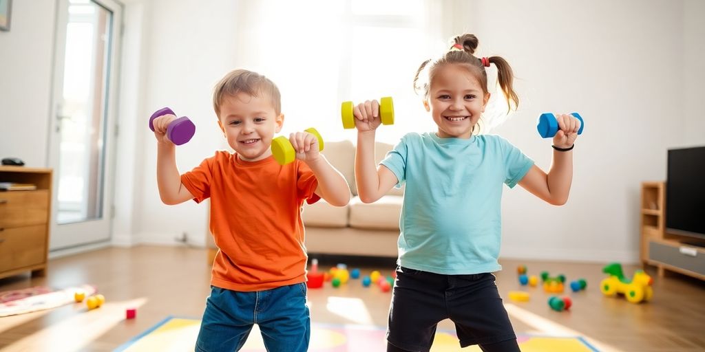 Kids exercising with colorful weights and big smiles.