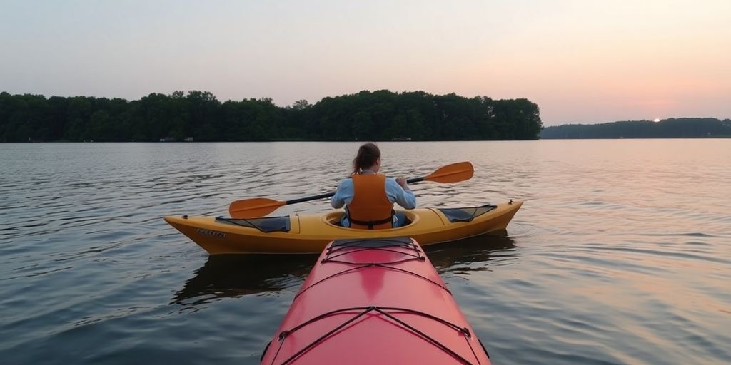 Stable kayak on calm water, paddler smiling.